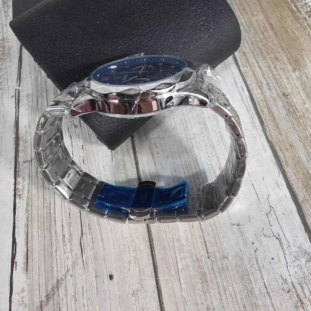 Timekey Mens Chronograph Watch Blue Dial Silver Stainless Steel Moon Phase New